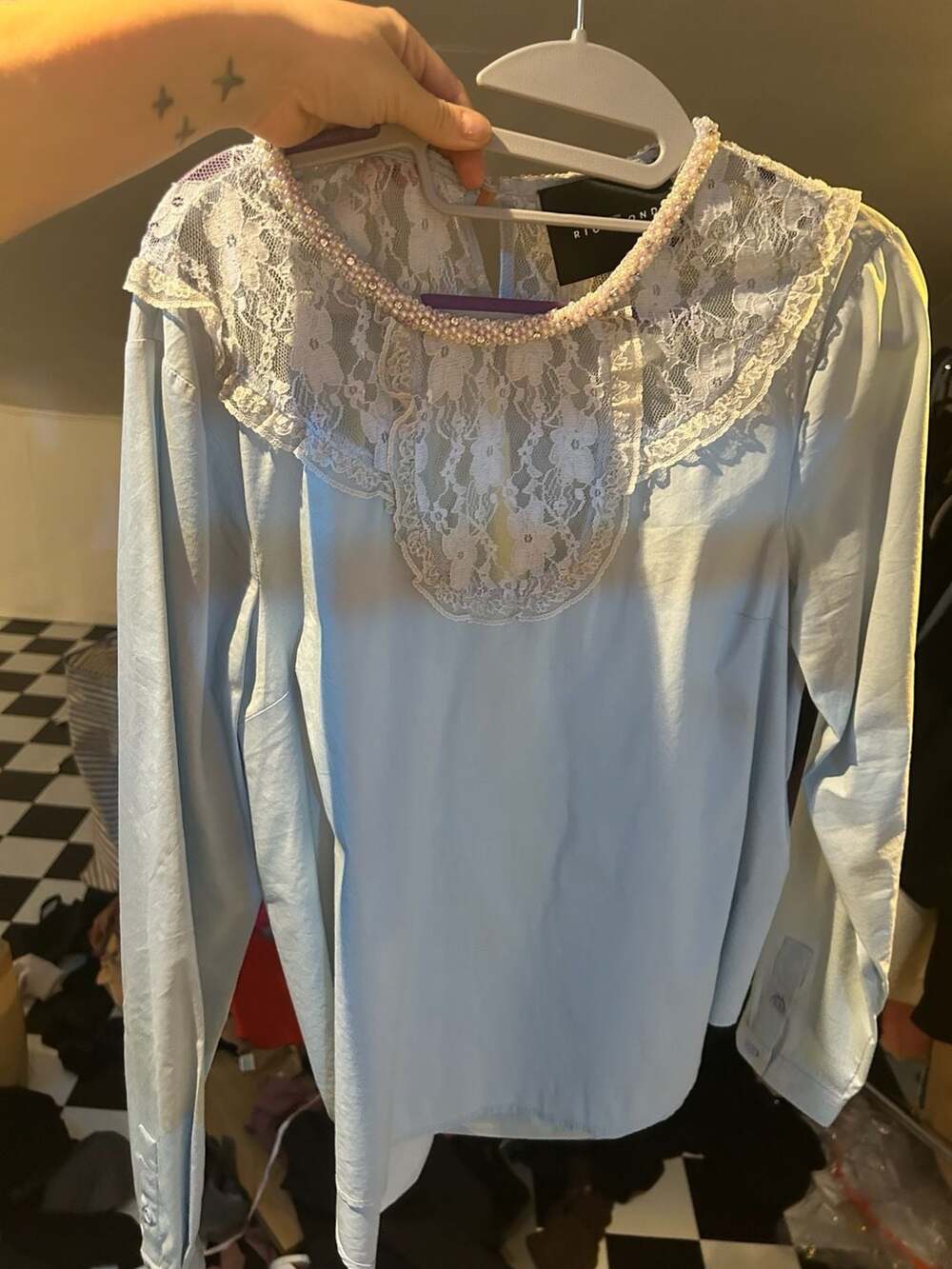 John Richmond Long Sleeve Blouse Blue Lace Pearl Collar